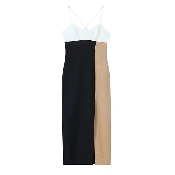 ZARA Dress Spaghetti Strap Colorblock Open Leg Midi Linen Blend Women XS NWT - Picture 1 of 5